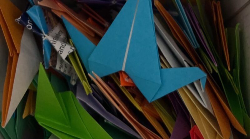 Blue Origami Crane in a box of paper cranes