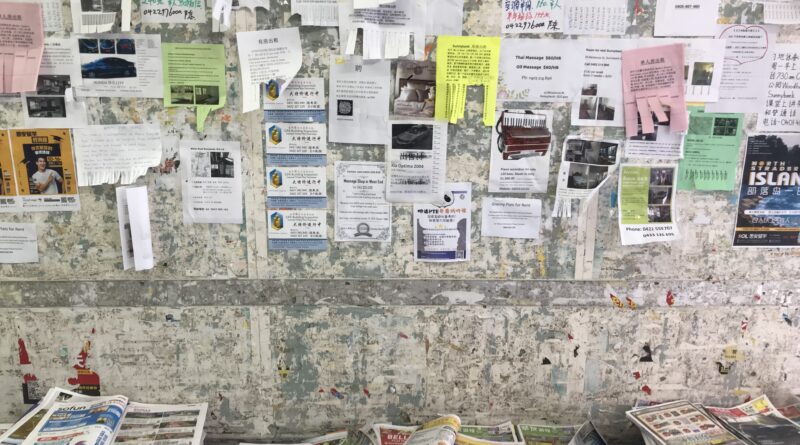 Sunnybank公告墙正面，三分之二贴满浅色传单，墙根报纸堆