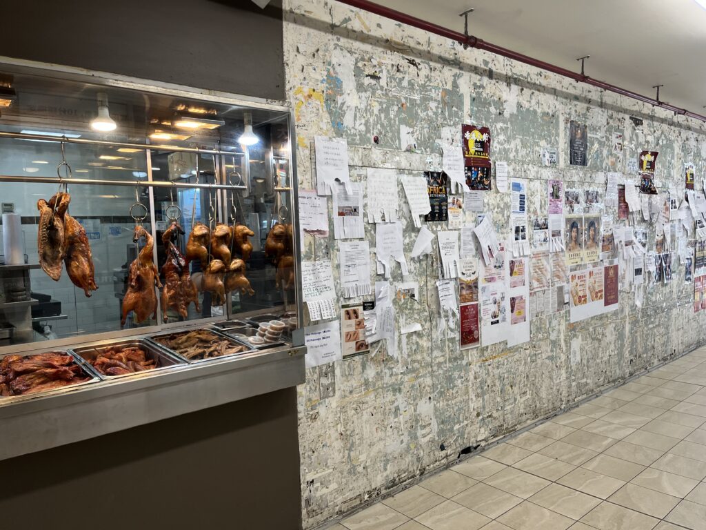 Sunnybank灰色公告墙与烧腊店橱窗，烤鸭挂灯下，右侧消失点构图