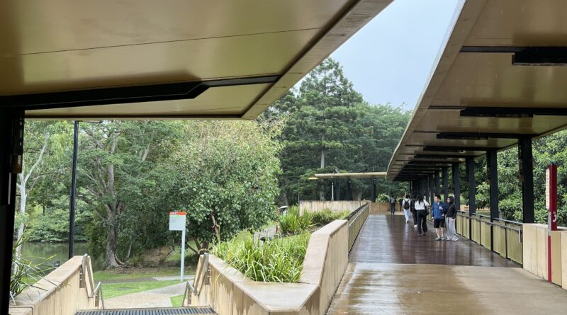 UQ湖边公交站岔路口，左手路径楼梯终止通向湖边小径，右手全程有顶棚，人生选择