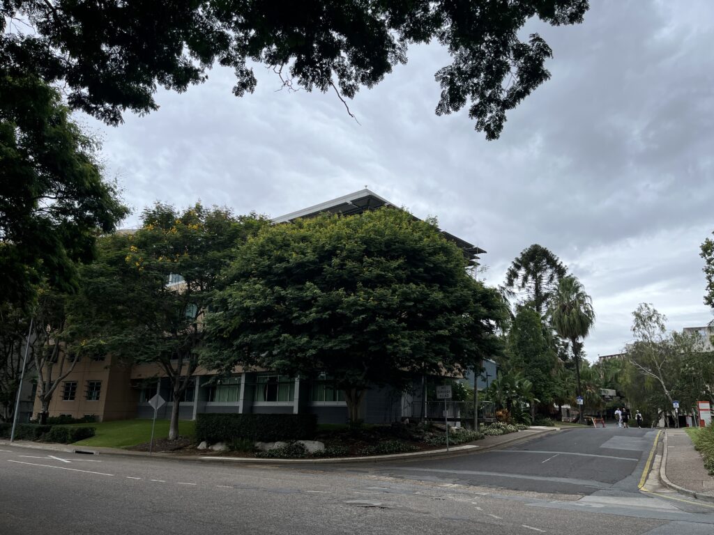 昆士兰大学周六清晨，几位中国留学生漫步在安静的校园道路上。阴天柔和光线，新生探索澳洲校园的日常瞬间。