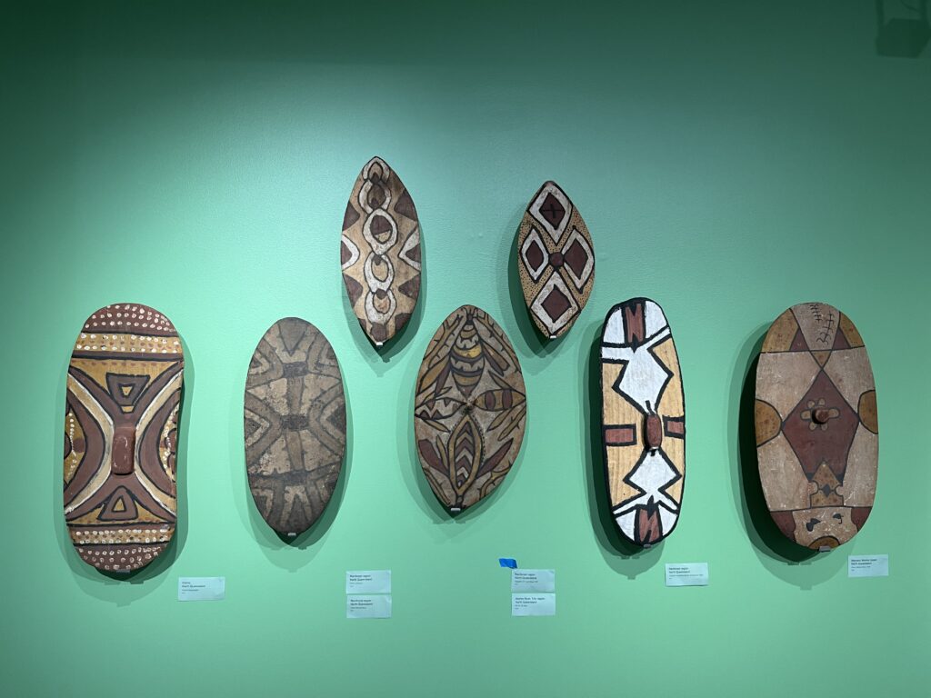 绿色墙面挂原住民战盾，深色木，红白黄纹样