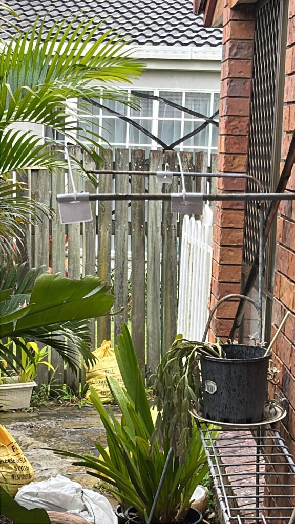 气旋前窄巷金属花架，旧遮阳板已拆，尖锐处贴反光胶带