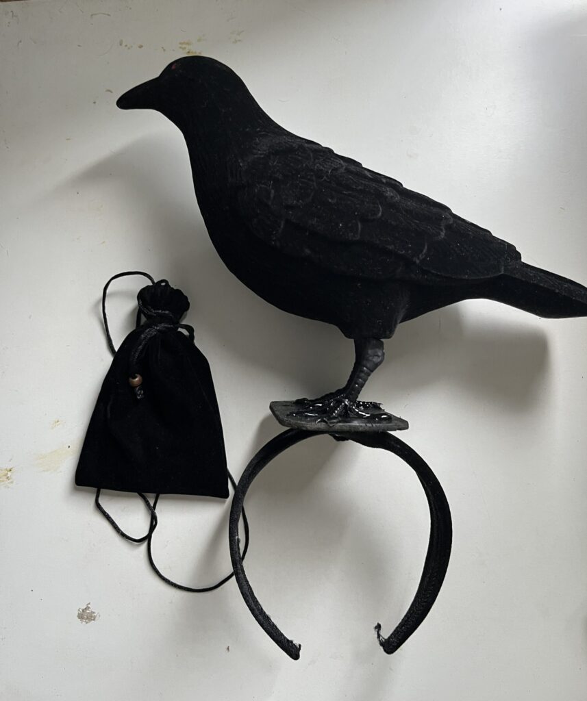 白色桌面，左侧黑色抽绳沙袋，右侧乌鸦万圣节装饰固定在黑色发箍上