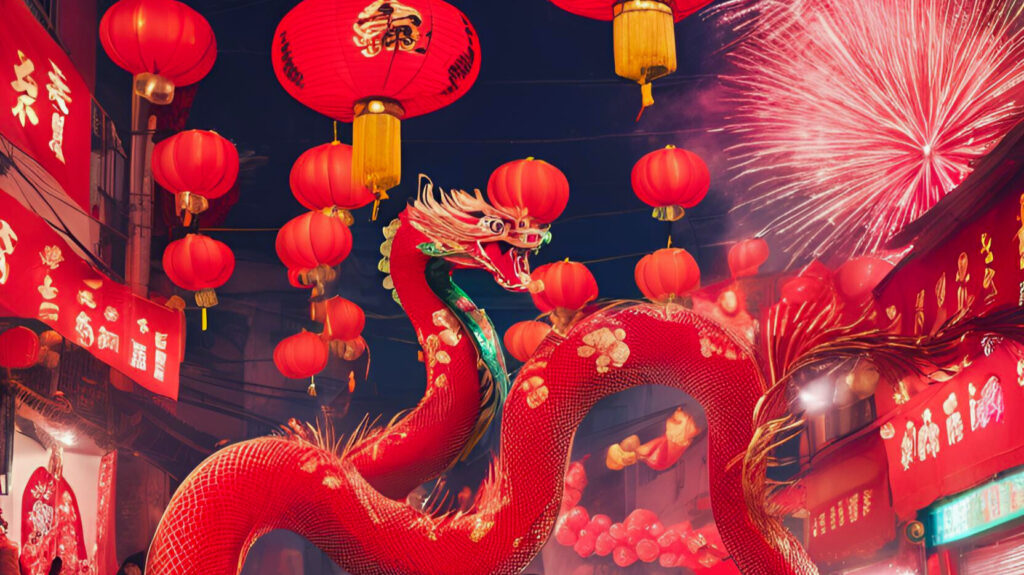 蛇年农历新年，红色舞龙在唐人街夜空中舞动，红金灯笼鞭炮