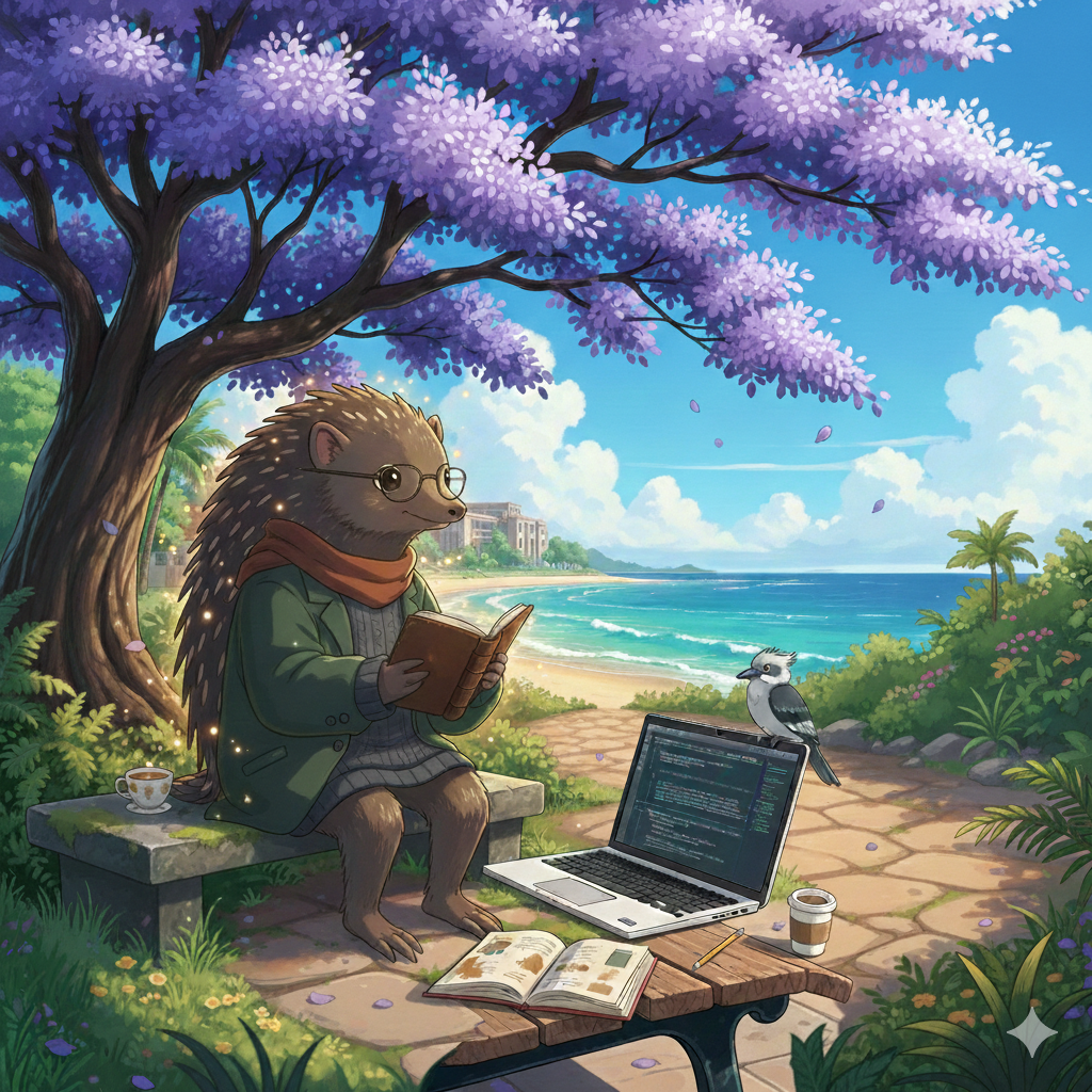 针鼹艾瑞克海滩插画AI错误，木质野餐桌与地面地砖融为一体