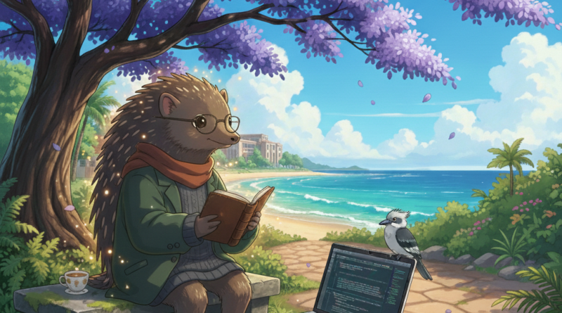 针鼹艾瑞克穿大衣戴眼镜坐海边蓝花楹树下，背景碧蓝海水布里斯班校园