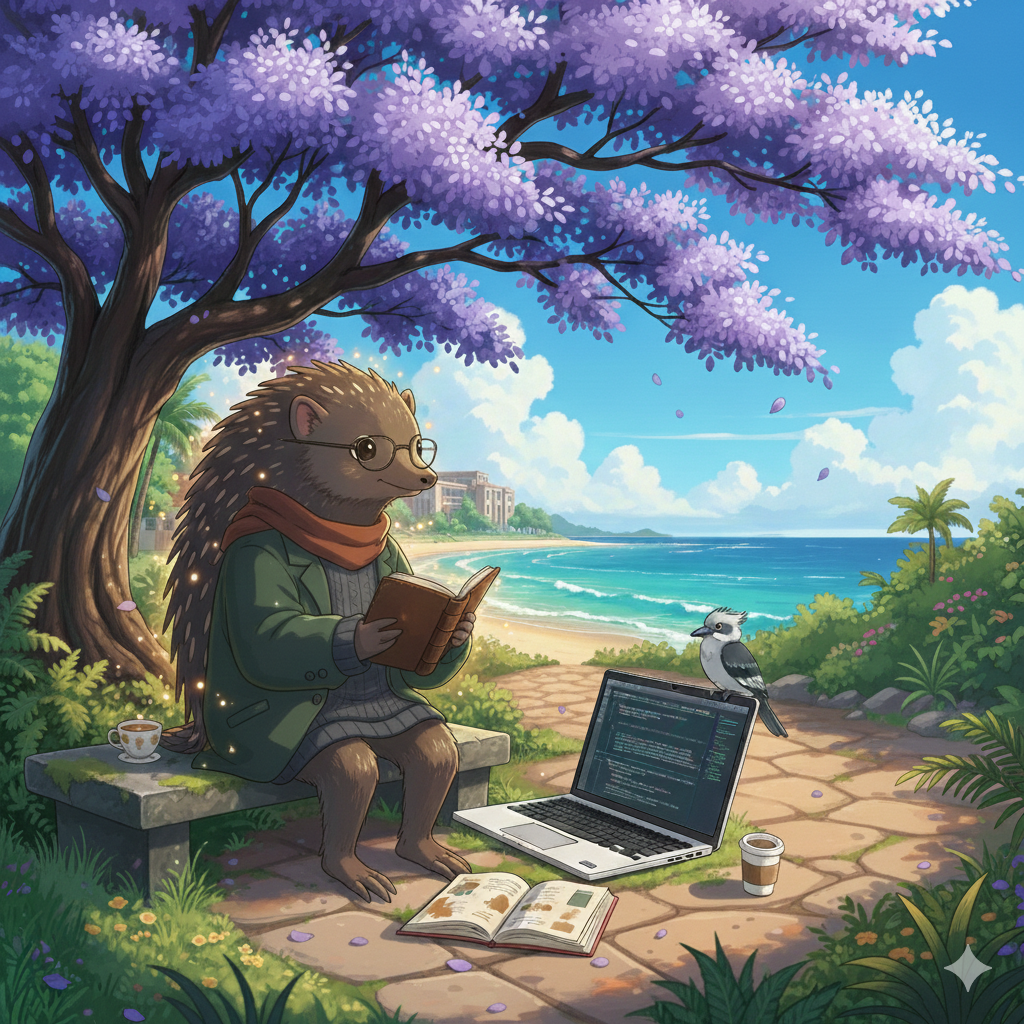 针鼹艾瑞克穿大衣戴眼镜坐海边蓝花楹树下，背景碧蓝海水布里斯班校园