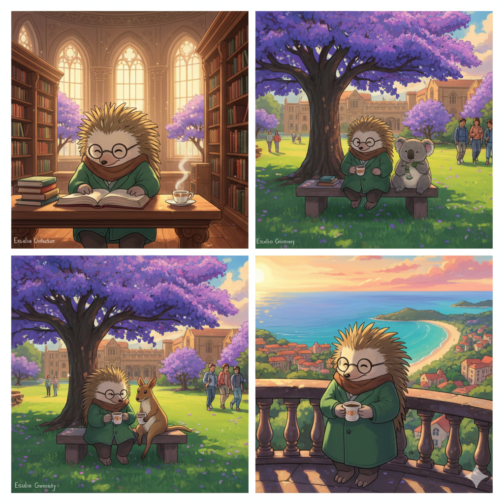 艾瑞克针鼹四格插画：图书馆学习、长椅与考拉、与袋鼠坐谈、阳台远眺