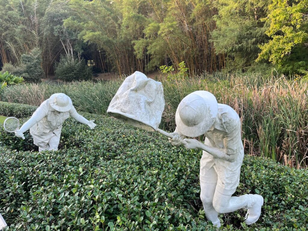 库萨山植物园低矮树篱旁，两座真人大小的捕蝶人雕塑，戴帽子持网，春季打卡点