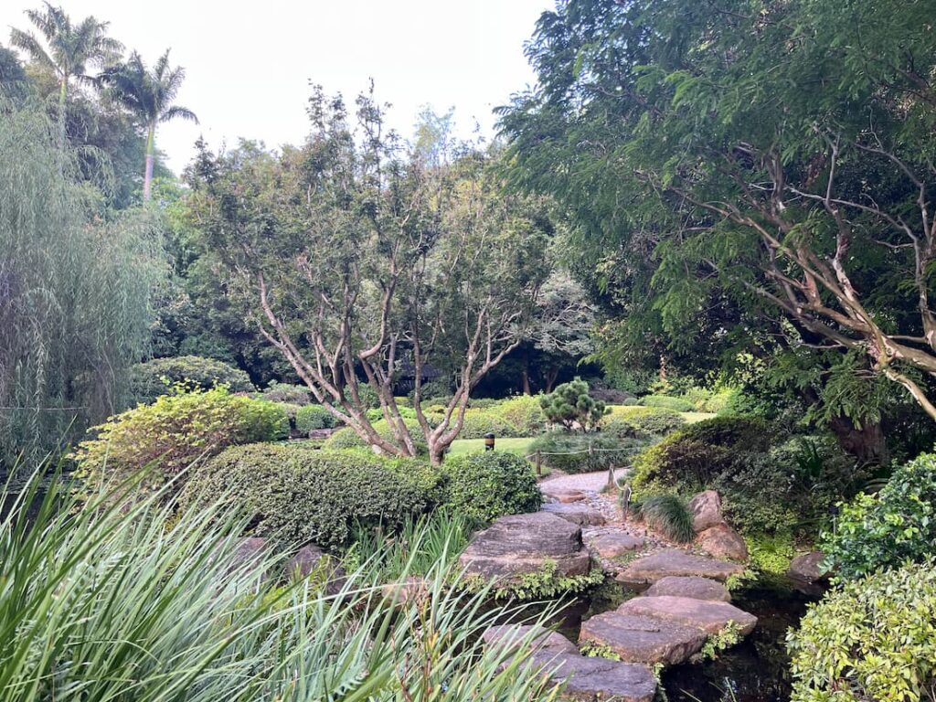 日本花园石溪，大块石墩跨水，传统石径，另一侧草地